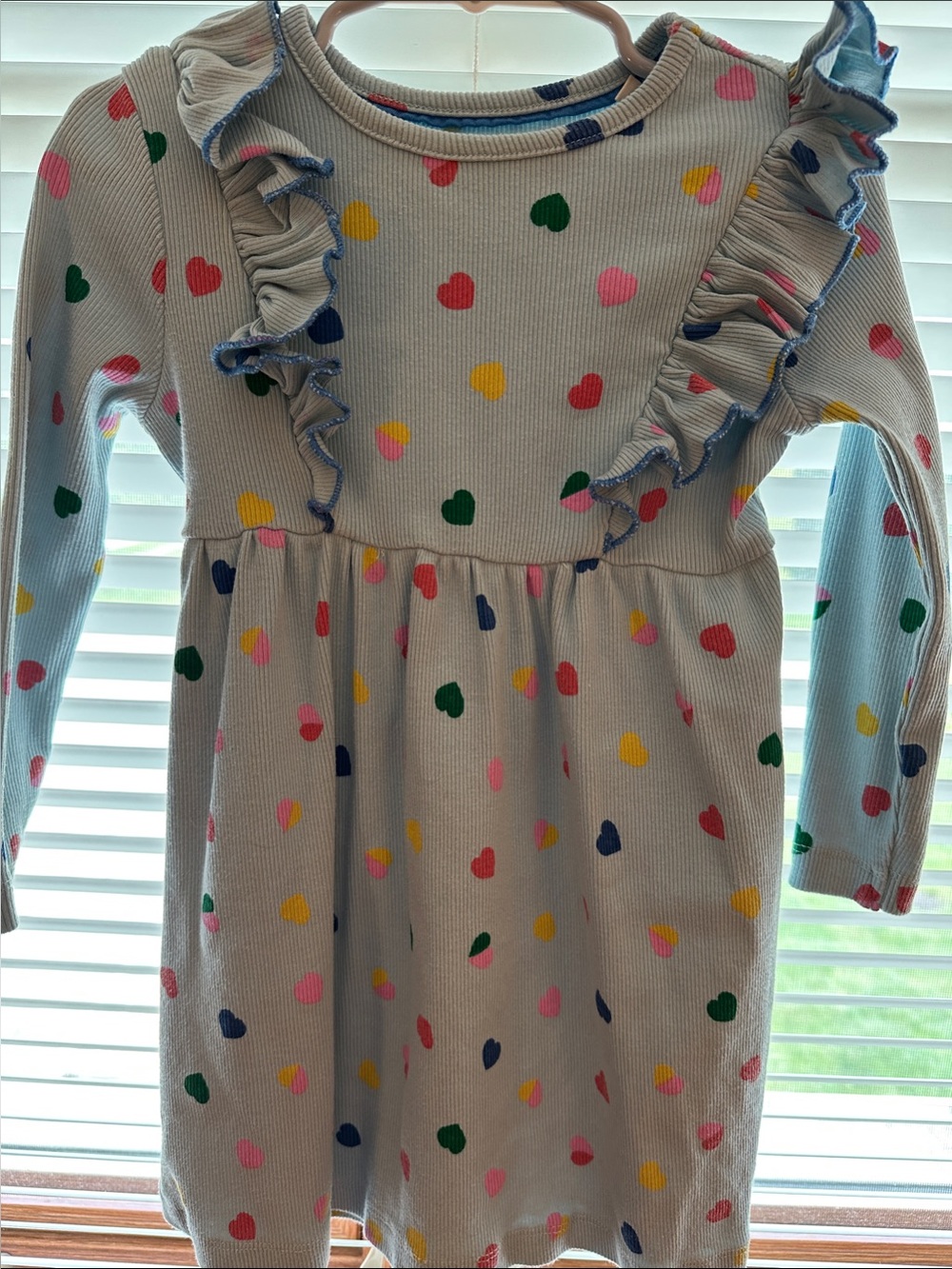 Mini Boden Cream Long-Sleeve Dress with Multicolor Heart Print